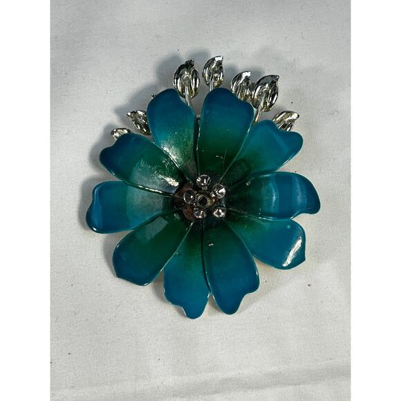 Vintage Coro Flower Brooch Teal Blue Enamel Rhinestone Leaves MCM Ornate RARE - Picture 6 of 16